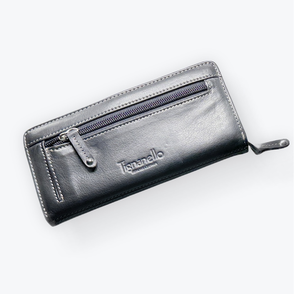 Boho Classic Tignanello Black Leather White-Stitch Silver Metal Zippered Wallet